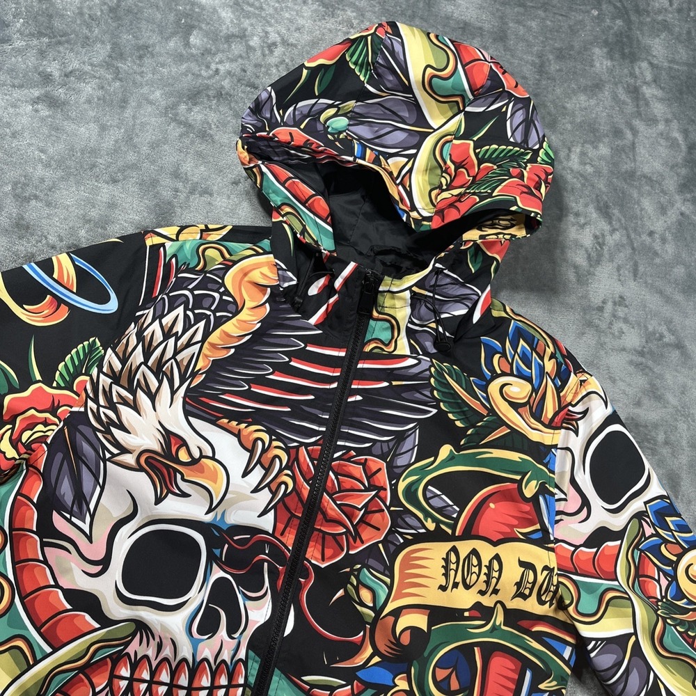 Rebel Vengeance Windbreaker‎ Hoodie Mens Medium Skulls Roses All Over Print NEW